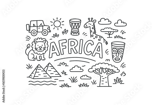 Cute doodle style illustration with large central word Africa surrounded by various simple stroke line art doodles like safari lion giraffe drum pyramid tribal mask baobab tree and savanna