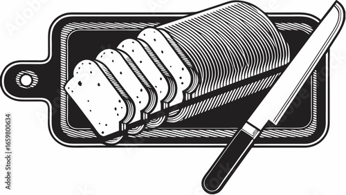 Illustration of sliced bread on a cutting board with a knife in black and white engraving style image art |  editable eps vectors silhouette