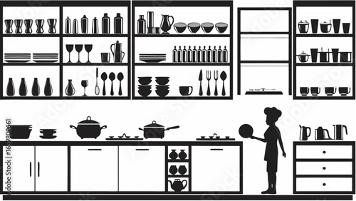 Silhouette illustration of a kitchen with shelves full of dishes and a chef holding a plate |  editable eps vectors
