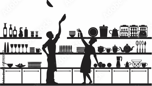 Silhouette of two people in a kitchen with shelves full of dishes and cooking utensils in black and white |  editable eps vectors
