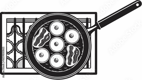 Illustration of a frying pan with eggs and bacon on a stove top in black and white style drawing |  editable eps vectors silhouette