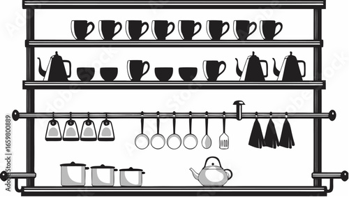 Kitchenware display with shelves and hanging utensils including teapots cups and cooking pots art |  editable eps vectors silhouette