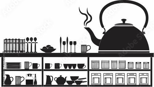 Illustration of kitchen shelves stocked with dishes glasses mugs and a large kettle with steam rising |  editable eps vectors silhouette