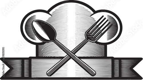 Illustration of a chef hat with crossed fork and spoon on a banner with crosshatch shading design style |  editable eps vectors silhouette