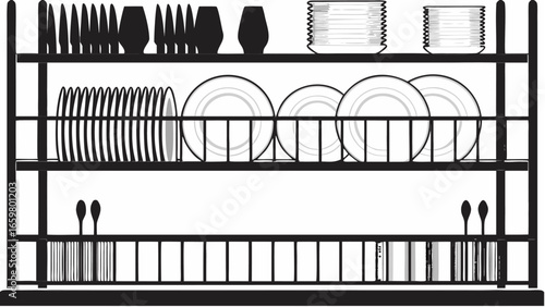 Black and white dish rack filled with plates glasses and utensils in a kitchen setting image view |  editable eps vectors silhouette