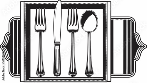 Black and white illustration of silverware set including forks knife and spoon in a decorative frame design |  editable eps vectors silhouette