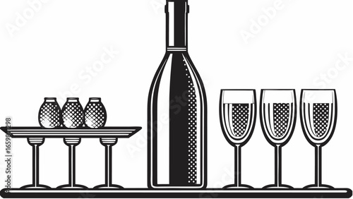 A monochrome still life featuring a wine bottle glasses and small decorative bottles on a shelf display |  editable eps vectors silhouette