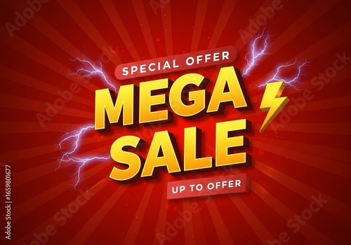 A mega sale special offer is advertised with lightning bolts on a red background