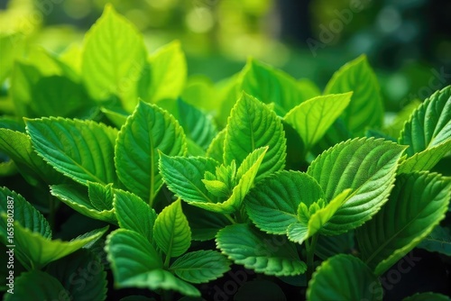 Lush green leaves of various plants thriving outdoors in natural sunlight Vibrant foliage textures and colors showcase the beauty of nature's greenery , detail, farmland