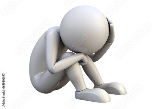 3d stick figure in despair with head in hands sitting down on transparent background