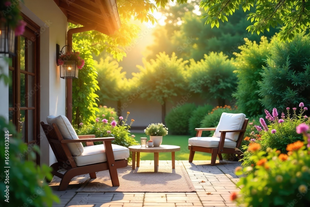Fototapeta premium Relaxing summer day at home, sun shining on a vibrant garden, lush greenery, inviting patio furniture , bright, sun, lifestyle