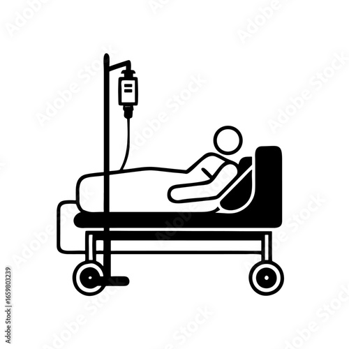 Black and white silhouette icon of a patient in a hospital bed with an IV drip.