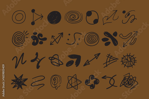 Collection of primitive hand drawn symbols and arrows on brown background
