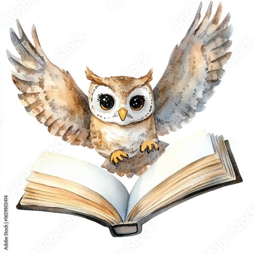 Watercolor Owl Soaring Above Open Book with Wide Wingspan and Big Eyes