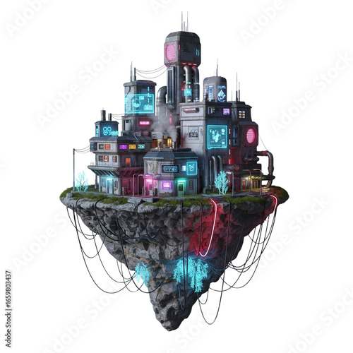 realistic 3d illustration of a modern building on a floating island, isolated on white