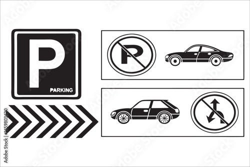 Parking signs and road markings collection silhouette