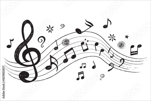 Sheet music with musical notes and symbols silhouette