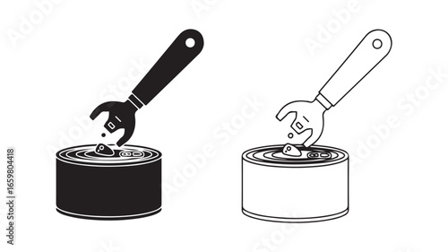 Can opener tool opening a tin with outline and filled versions