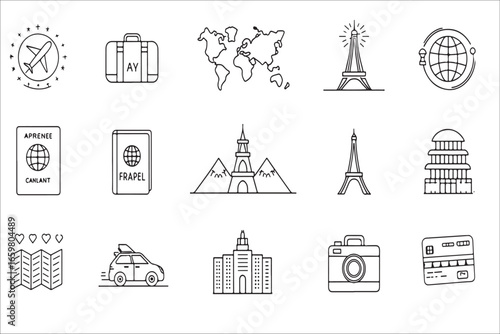 Collection of hand-drawn landmark and travel icons silhouette