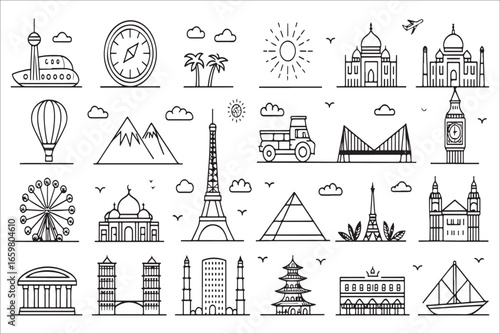 Collection of famous landmarks and buildings icons silhouette