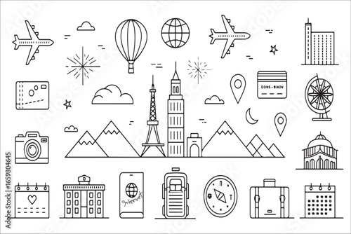 Line art travel icons and landmarks collection silhouette