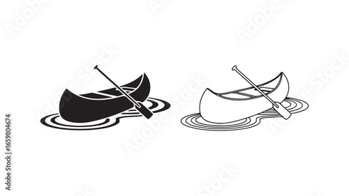 Canoe on water with paddle, black and white