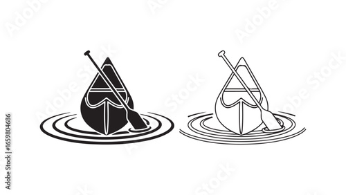 Canoe on water with paddle, black and white