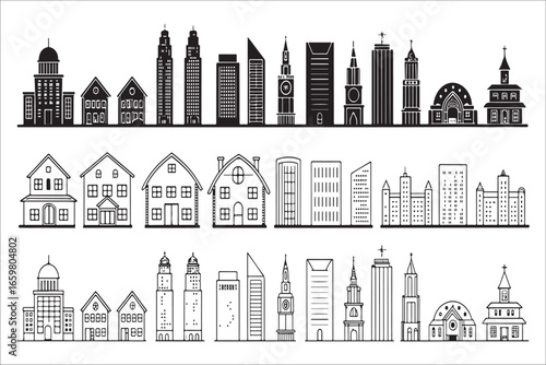 Cityscape silhouettes of buildings and homes silhouette