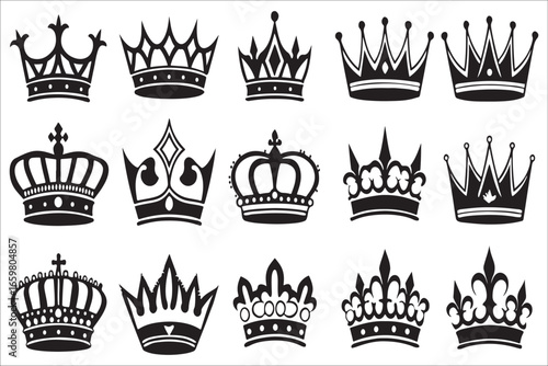 Collection of ornate royal crowns and tiaras silhouette