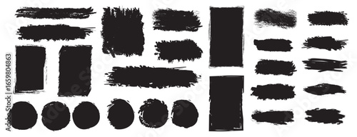 Brush lines set. Dirty artistic design elements, boxes, frames. Vector collection of artistic grungy black paint hand made creative brush stroke set isolated on white background.  