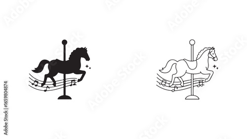 Carousel horse silhouette and outline with transparent background