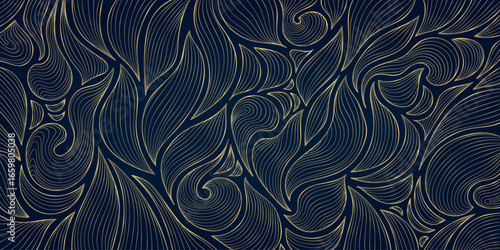 Vector art deco leaf pattern, golden line fancy luxury leaves background. Dark premium jungle print, nouveau ornate print