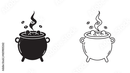Cauldron with bubbling potion, black and white