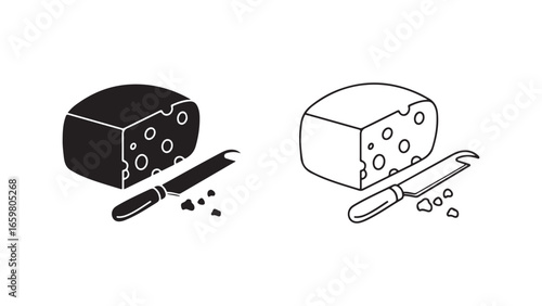 Cheese block with knife and crumbs