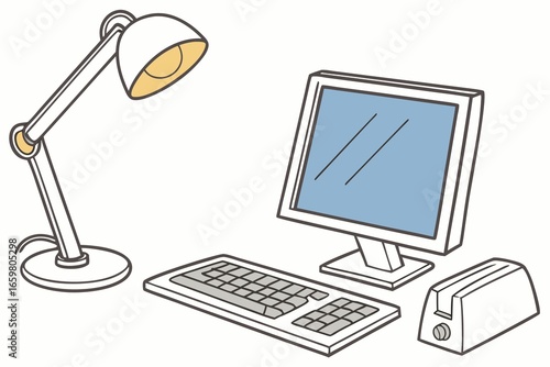 Line-art office equipment, neutral colors, work and productivity, against a simple background with copy space