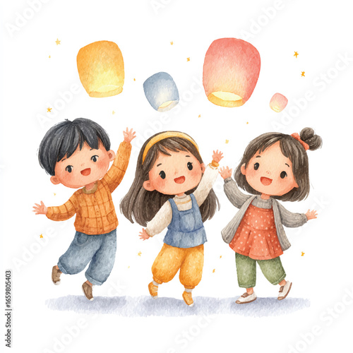 Watercolor Painting of Three Children Reaching for Floating Sky Lanterns