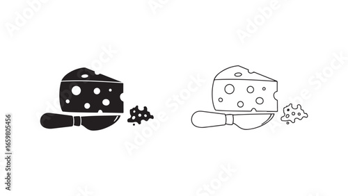 Cheese slice with knife and piece, outline style