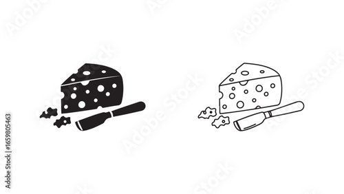 Cheese wedge with knife and crumbs