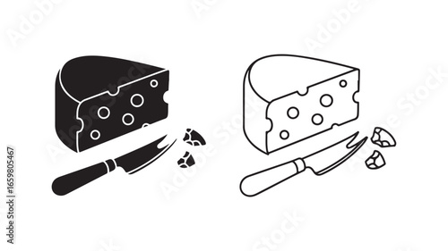 Cheese wedge with knife and cut pieces