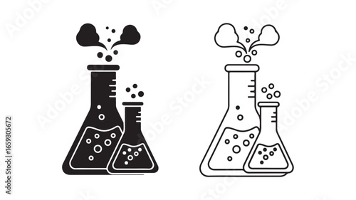 Chemical flasks with bubbling liquid, outline and filled