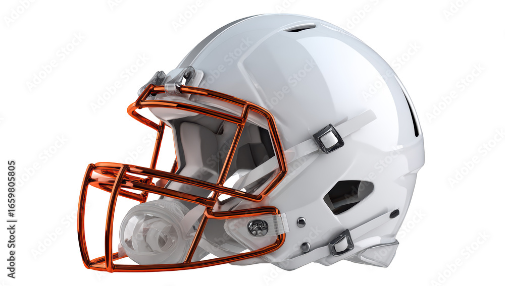 Fototapeta premium Shiny white football helmet with orange facemask, ready for the gridiron