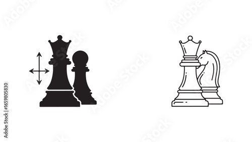 Chess pieces queen and pawn outline icons