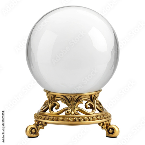 Polished clear crystal ball placed on ornate golden stand