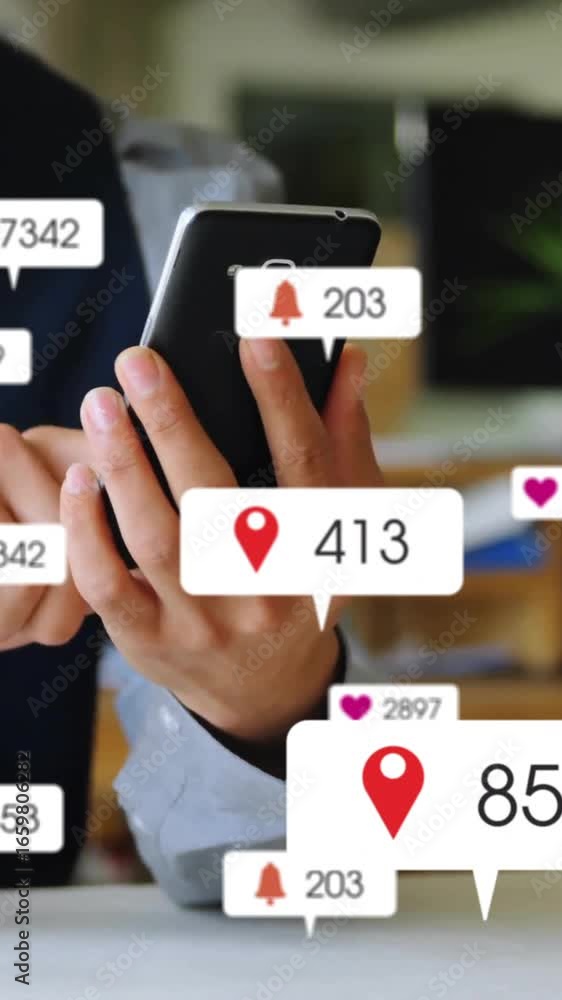 Animation of social media icons with numbers over caucasian businessman using smartphone Animation of social media icons with numbers over caucasian businessman using smartphone