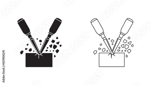 Chiseling stone with tools, workshop scene