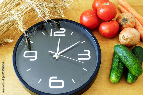 Obraz na plátne Work-life balance concept: time management for healthy home cooking with fresh vegetables and clock on kitchen counter
