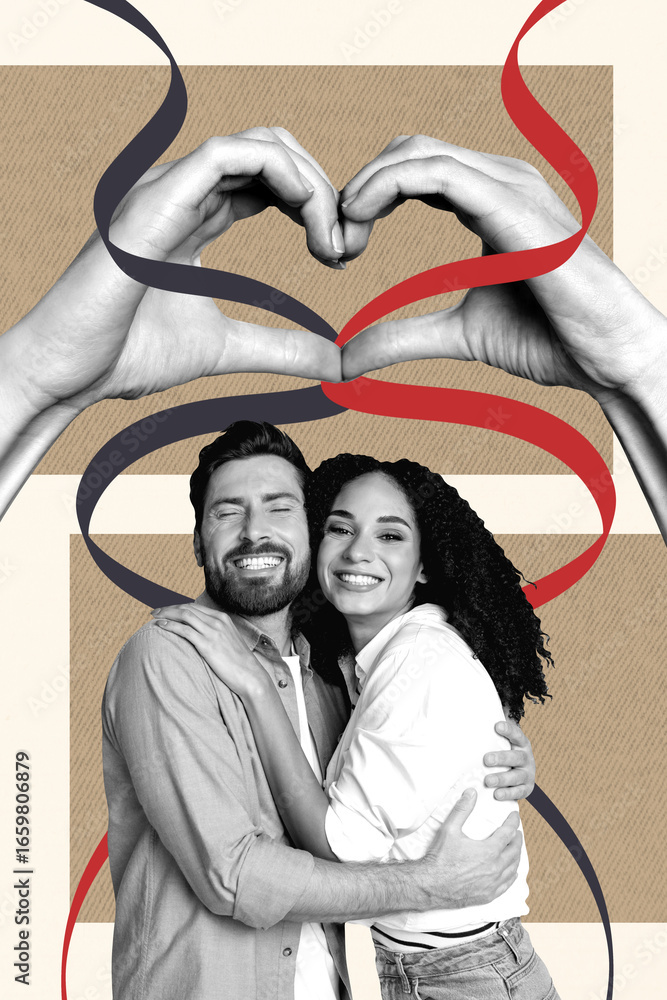 Obraz premium Vertical 3d zine pop trend image collage of happy girl guy hug together hands show heart gesture valentine day celebration family