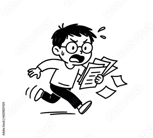 Doodle line comic style vector illustration asian boy with round glasses rushing with papers under deadline stress black outline simple imperfect lines minimal details isolated on white