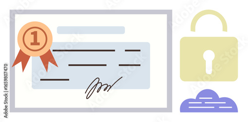 Certification document with ribbon, signature, lock, and cloud. Ideal for recognition, achievement, trust, validation security education technology. Represents secure success in a simple flat
