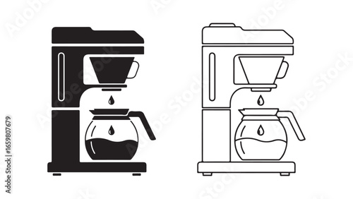 Coffee maker outline and solid icon set
